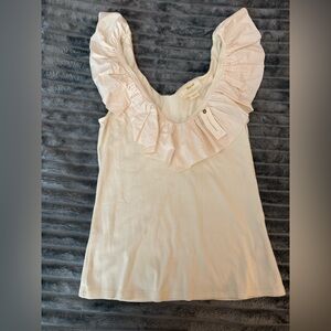 Ribbed Blouse with Flutter Neck Detail